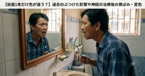 前歯1本だけ色が違う、過去のぶつけた影響や神経の治療後の黄ばみ・変色している男性