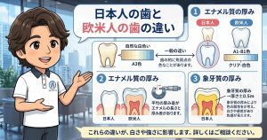 日本人と欧米人では歯の厚みなどが違い歯が黄色く見えることを説明する有賀